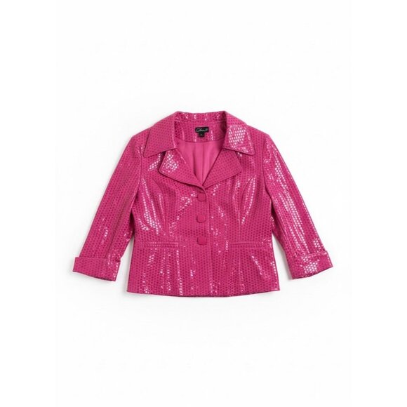 Clara S. Bright Pink Blazer w a Square Print Barbiecore Statement Textured - Picture 2 of 4
